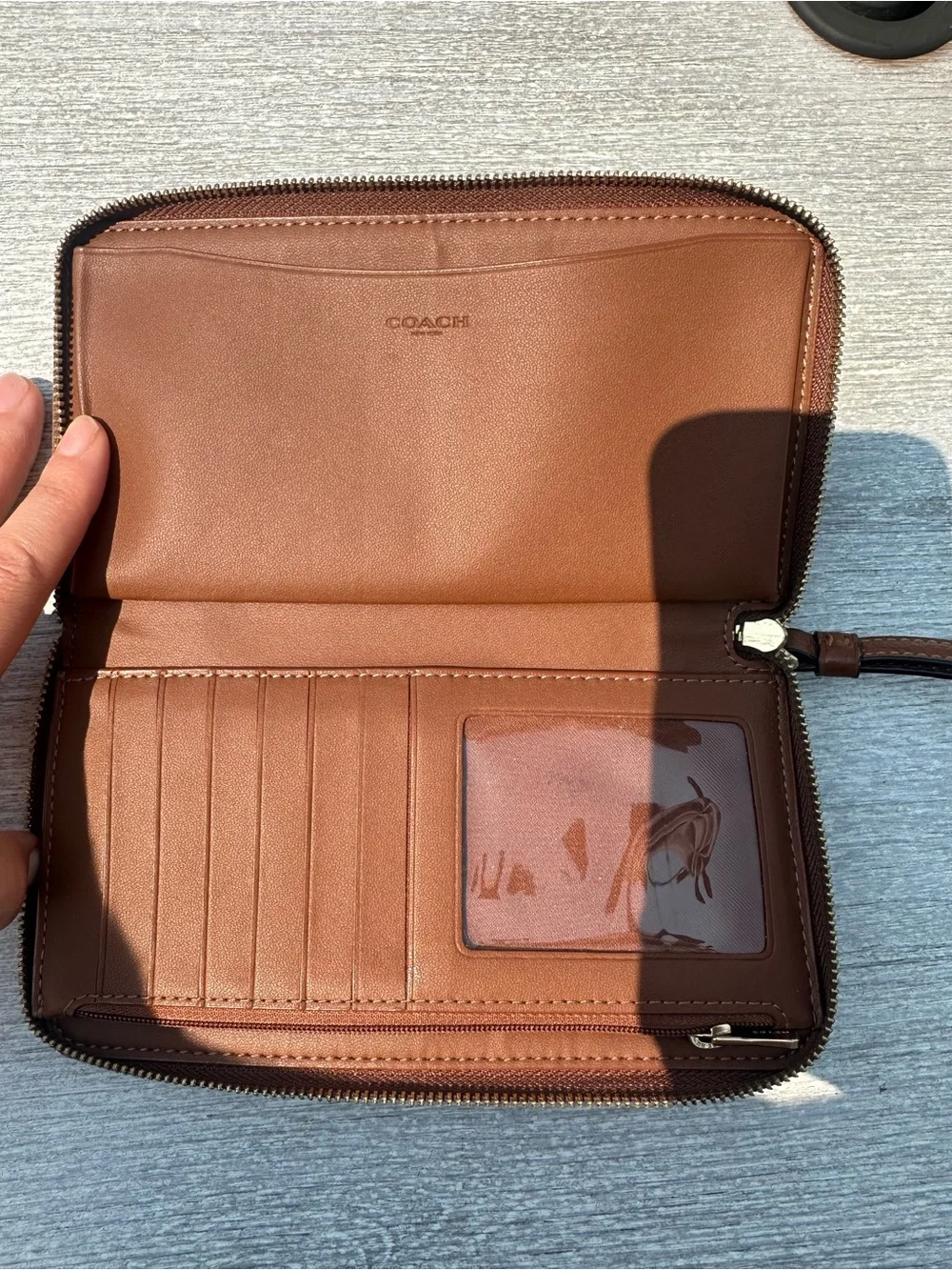Coach Brown Leather Patch Wallet with Teal and Multicolor Stripes